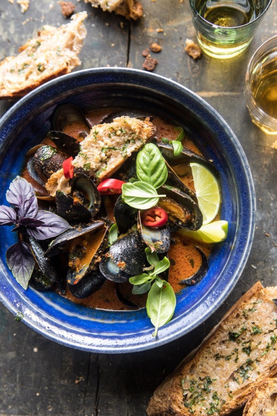 Thai Coconut Butter Mussels with Garlic Lemongrass Toast
