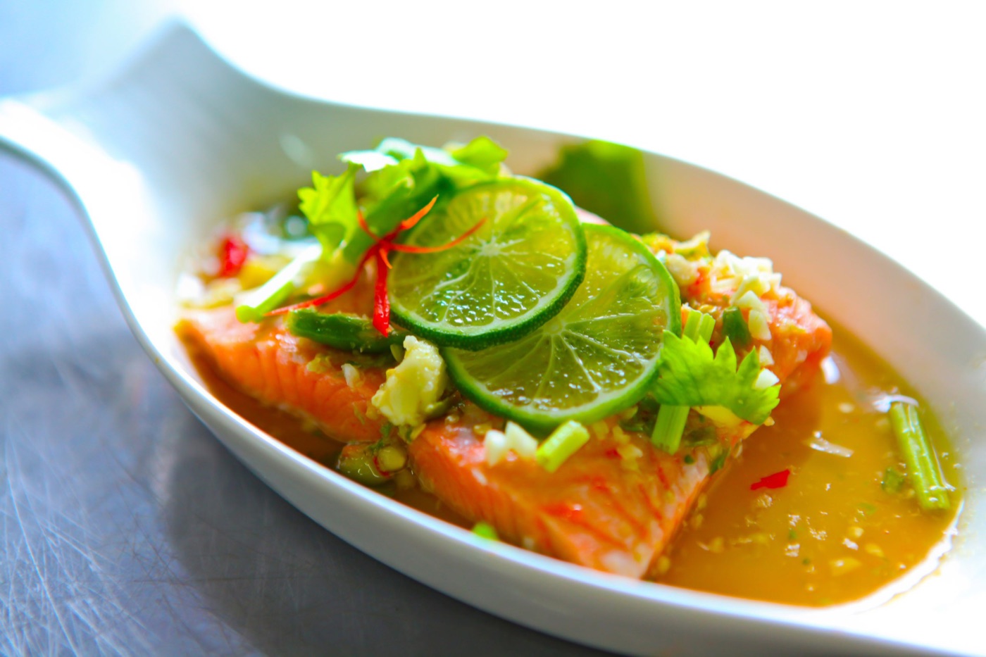 Thai Steamed Salmon with Lime, Garlic, and Chili (Pla Neung Manao)